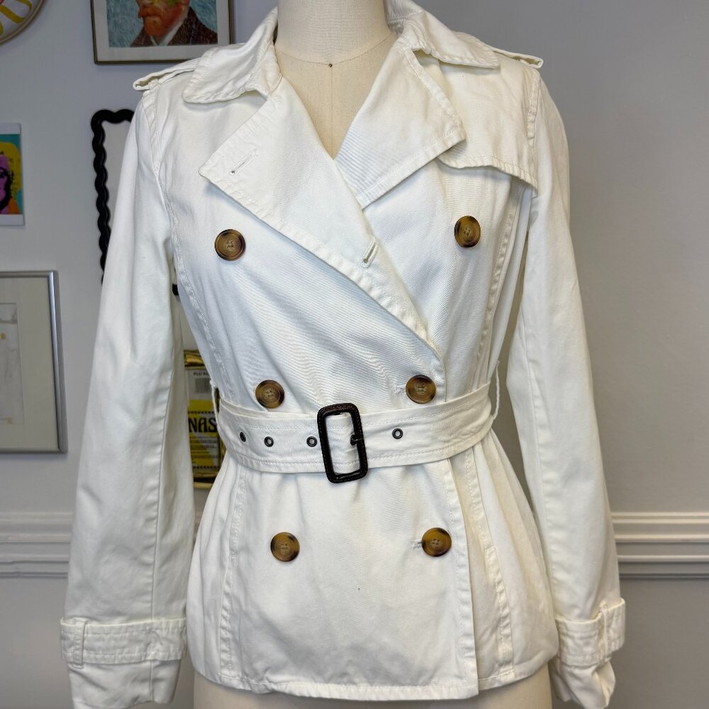VTG Y2K Gap Cropped Trench Coat Spring 2006 White Lined Old Money Jacket Sze S